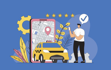 Aufkleber - Taxi booking service concept with modern flat design for web. Man looking for car and ordering taxi transportation in mobile application, tracking route on map with location. Vector illustration.