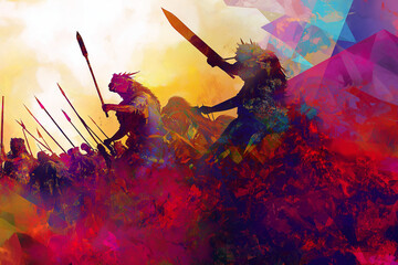 An artwork capturing a historical scene, like an ancient battle or traditional festival, rendered in a modern digital art style with bright colors and geometric shapes