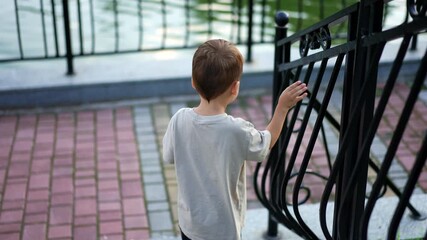 Wall Mural - Rear view of baby going downstairs holding by the handrails. Kid runs by the paved alley near the pond.