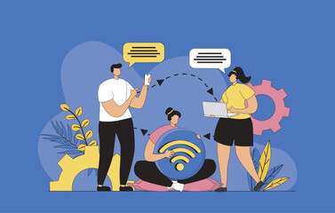 Wall Mural - Wireless technology concept with modern flat design for web. Man and woman using free internet and connecting to wifi hotspot from laptop and smartphone for virtual chatting. Vector illustration.