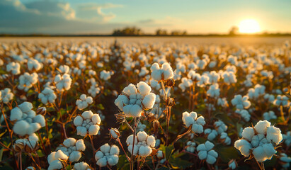 Wall Mural - A field of cotton flowers with the sun setting in the background