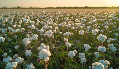 Wall Mural - A field of cotton flowers is in full bloom. The field is vast and the flowers are scattered throughout the area. The bright white color of the flowers creates a serene and peaceful atmosphere