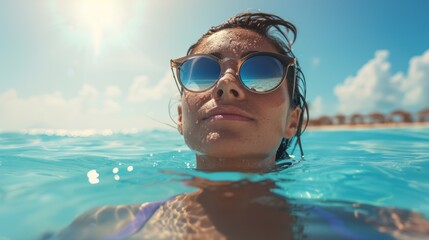 Wall Mural - A woman with sunglasses is swimming in the ocean. The sunlight is reflecting on the water.