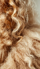 A close up of a person's hair, which is curly and has a lot of texture. The hair is brown and he is quite thick. Scene is one of warmth and comfort