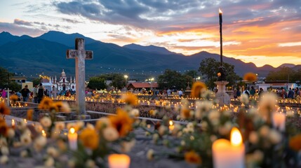 Wall Mural - A cemetery with a cross and a large group of people lighting candles
