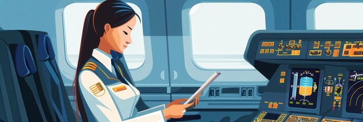 Poster - A flight attendant is focused on safety procedures as the aircraft prepares for departure, ensuring everything is in order. Generative AI
