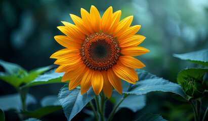 Wall Mural - A yellow sunflower is in a green leafy background. The flower is the main focus of the image, and it is in full bloom. The bright yellow color of the flower contrasts with the green leaves