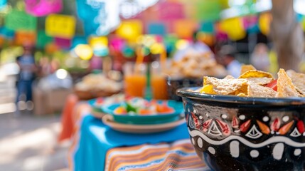 Wall Mural - A table with a bowl of chips and a plate of food