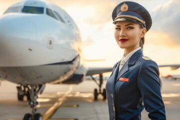 Poster - A flight attendant stands proudly in uniform next to an airplane, as the sun sets in the background, capturing the essence of air travel. Generative AI