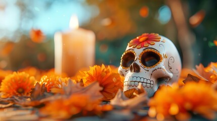 A white skull is placed on a table with orange flowers and a candle