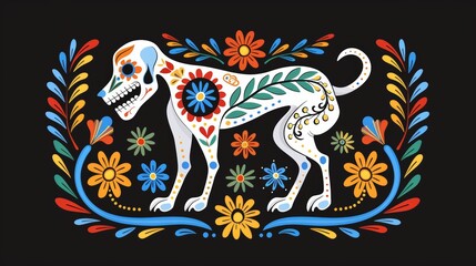 Wall Mural - A dog with a skeleton on its head and flowers around it