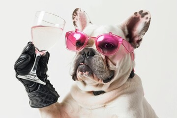 Wall Mural - A dog wearing pink sunglasses holding a glass of wine. AI.