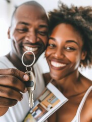 Wall Mural - A man and woman holding a key to their new home. AI.