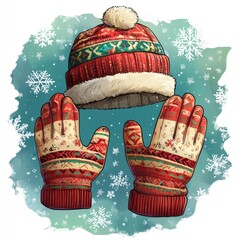 Wall Mural - Warm Winter Accessories Cozy Hat and Gloves