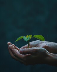 Poster - A person holding a small plant in their hands with rain falling. AI.