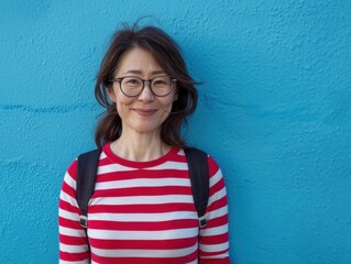 Sticker - A woman with glasses and a red shirt posing for the camera. AI.