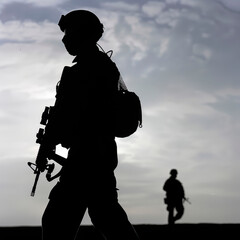 Silhouette of soldier with rifle against a grey sky.