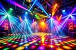 © Adisorn - Vibrant pulsing lights reflect off a shiny dance floor surrounded by a dark atmospheric club setting with flashing strobes and haze in the background.