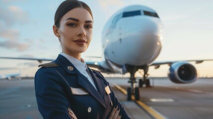 Poster - A flight attendant poses confidently before a parked airplane at the airport, showcasing professionalism and dedication to her role in aviation. Generative AI
