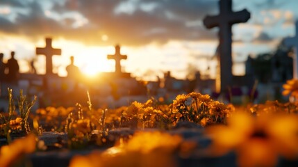 A cemetery with a cross and a sun in the background