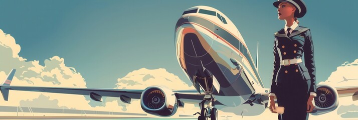 Poster - A flight attendant in uniform stands proudly beside a large airplane at an airport on a clear day, ready to assist passengers and ensure their comfort. Generative AI