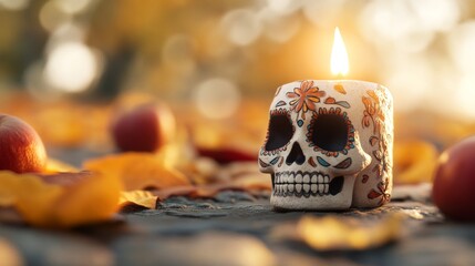 Wall Mural - A skull with candles on it is on a table with apples and leaves