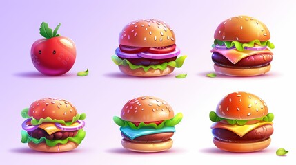 Wall Mural - A series of hamburgers with different toppings, including a tomato