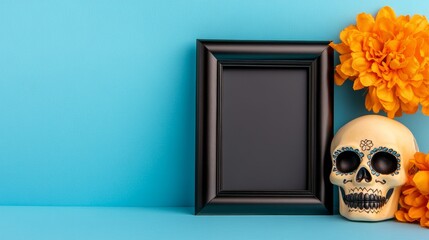 Canvas Print - A black framed picture sits on a blue background