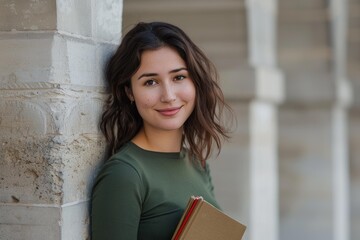 Poster - Portrait of a smiling young woman leaning against a stone column. AI.