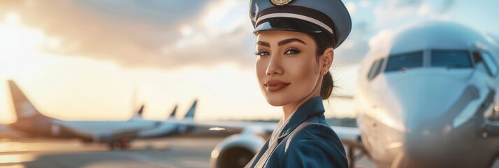 Poster - A flight attendant stands proudly next to an airplane, showcasing her uniform against a vibrant sunset at the airport. Generative AI