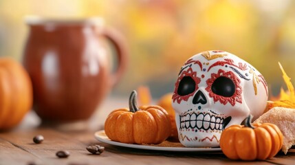 Wall Mural - A skull is on a plate with some pumpkins and a cup of coffee