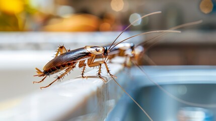 A brown and black cockroach is on a counter