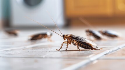 A brown cockroach is on the floor