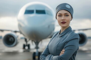 Poster - The flight attendant confidently poses in front of a parked airplane, showcasing professionalism and readiness for passengers. Generative AI