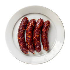 Wall Mural - Four flavorful algerian sausages arranged on a white plate, showcasing their rich texture and color, isolated on a transparent background