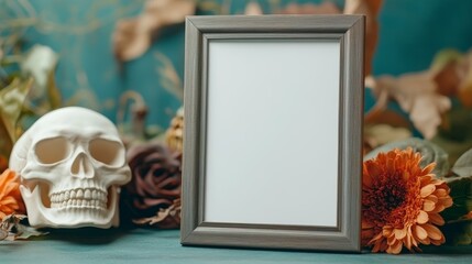 Sticker - A skull and a white frame with a skeleton on the left side of the frame