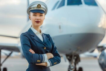Poster - The flight attendant poses with arms crossed, showcasing professionalism and readiness to assist passengers at the airport. Generative AI