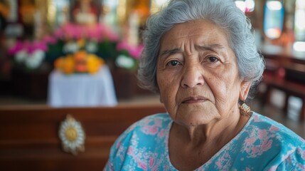 Wall Mural - A woman with gray hair and a sad expression