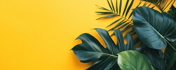 Poster - Tropical green leaves on vibrant yellow background