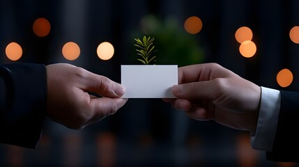 A white, blank business card and name card are held by a man wearing a black business suit.