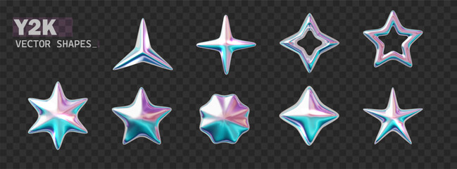 Wall Mural - Y2K chrome holographic stars in various shapes isolated. Realistic shape collection in retro futuristic style. 3d star in aesthetic futuristic.