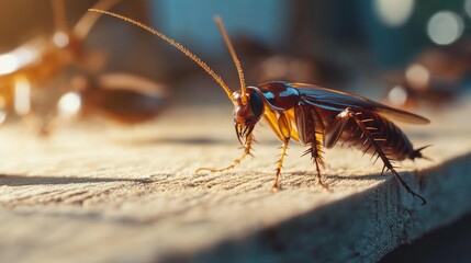 Wall Mural - A brown cockroach is on a wooden surface