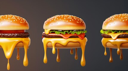 Wall Mural - Three hamburgers with melted cheese dripping down them