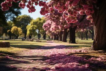 Canvas Print - Cherry trees in a city park offer a stunning display of urban nature. Concept of greenery in urban environments and public joy. Generative Ai.