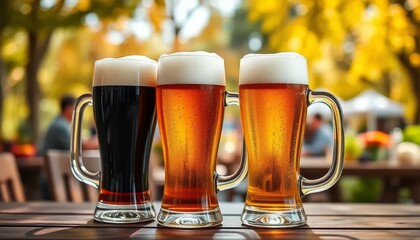 Three glasses of beer on a table, one is black, one is brown, and one is light brown