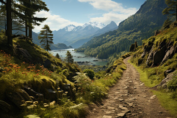 Wall Mural - A quiet mountain trail winding through the wilderness, offering solitude and communion with nature. Concept of remote exploration and natural beauty. Generative Ai.