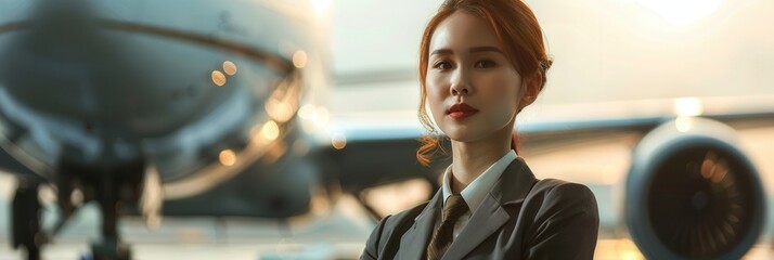 Poster - A flight attendant prepares to welcome travelers as the airplane awaits at the terminal, showcasing professionalism and dedication. Generative AI