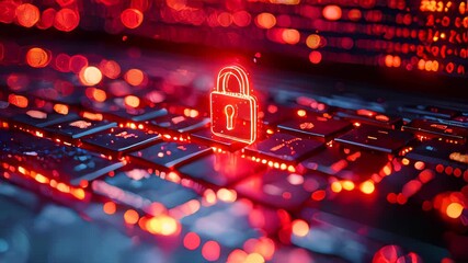 Poster - A glowing padlock on a digital circuit board, symbolizing cybersecurity and data protection