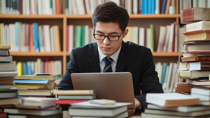 Wall Mural - A focused education administrator reviewing student performance data on a laptop, surrounded by books and educational materials
