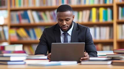 Wall Mural - A focused education administrator reviewing student performance data on a laptop, surrounded by books and educational materials